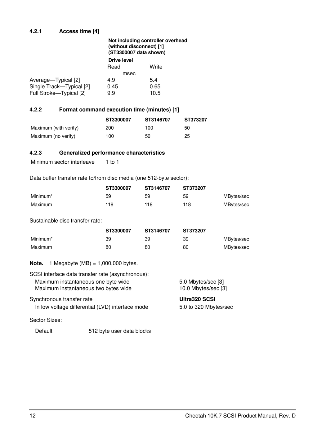 Seagate ST3300007LW/LC manual Access time, Format command execution time minutes, Generalized performance characteristics 