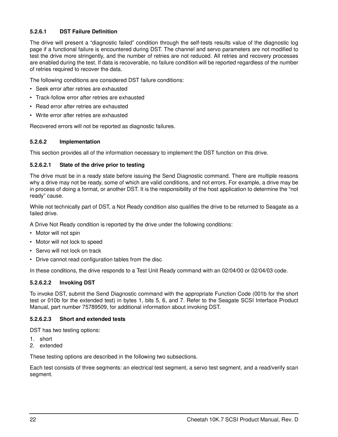 Seagate ST373207LW/LC manual DST Failure Definition, Implementation, State of the drive prior to testing, Invoking DST 