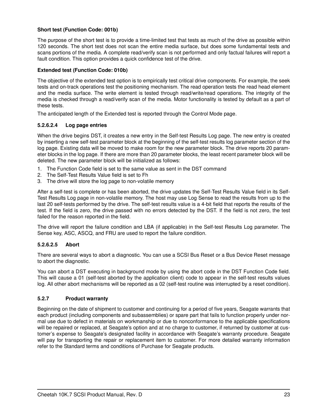 Seagate ST3146707LW/LC manual Short test Function Code 001b, Extended test Function Code 010b, Log page entries, Abort 