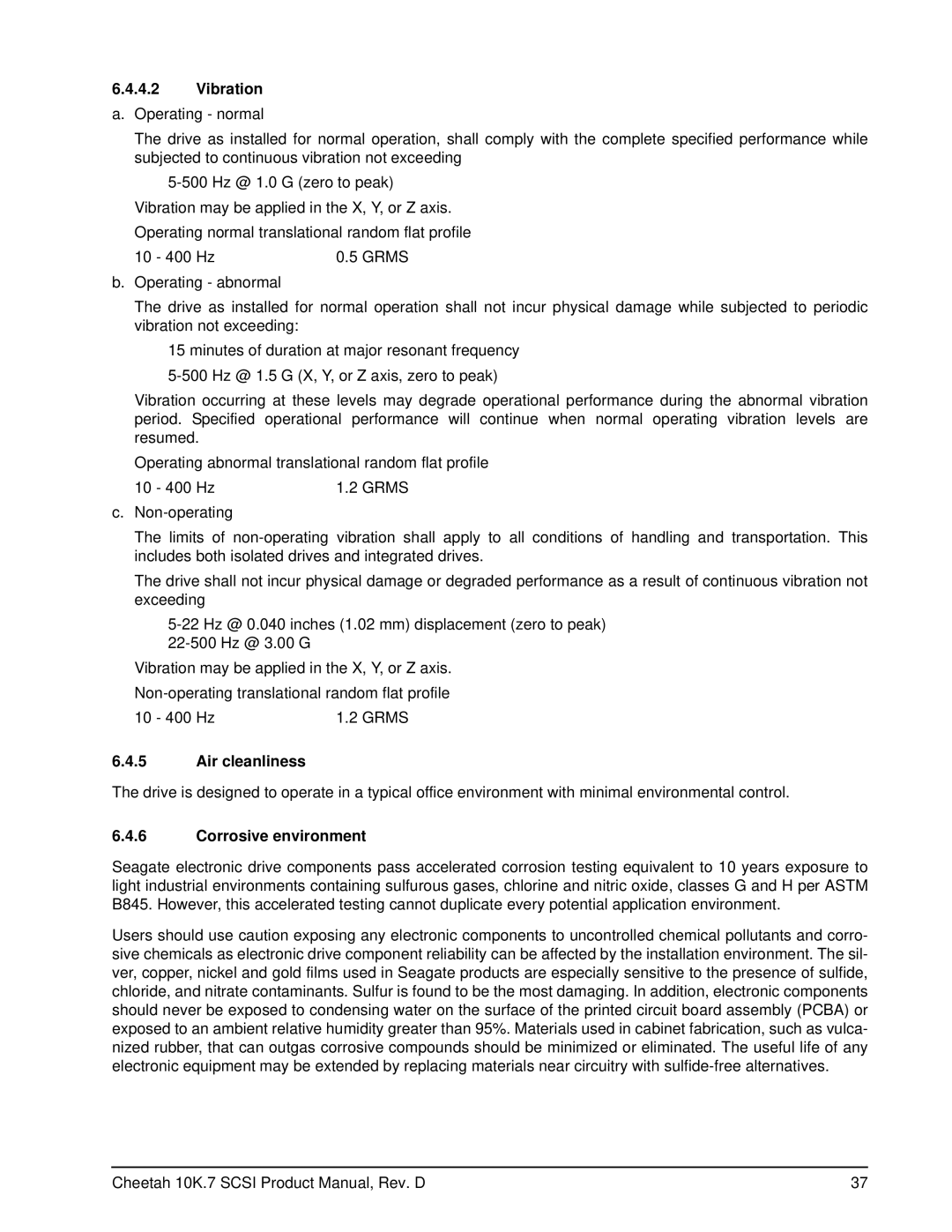 Seagate ST373207LW/LC, ST3146707LW/LC, ST3300007LW/LC manual Vibration, Air cleanliness, Corrosive environment 