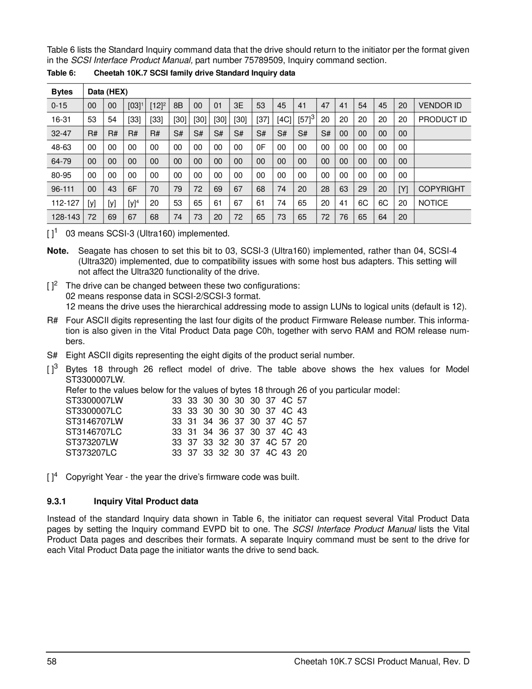 Seagate ST373207LW/LC, ST3146707LW/LC, ST3300007LW/LC manual Inquiry Vital Product data 