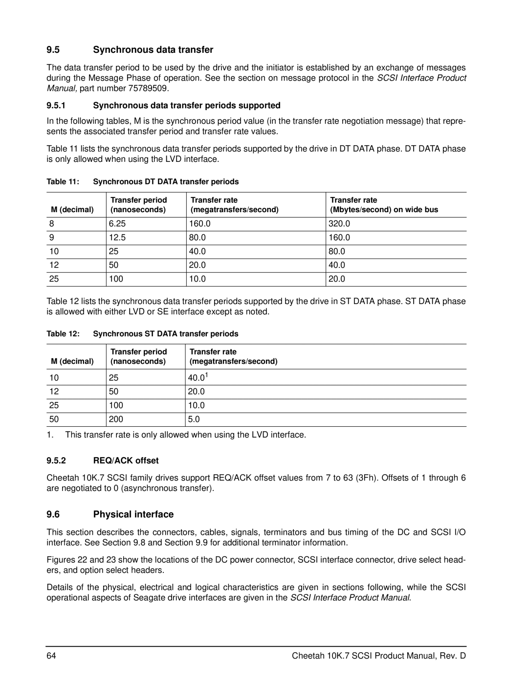 Seagate ST373207LW/LC manual Physical interface, Synchronous data transfer periods supported, 2 REQ/ACK offset 