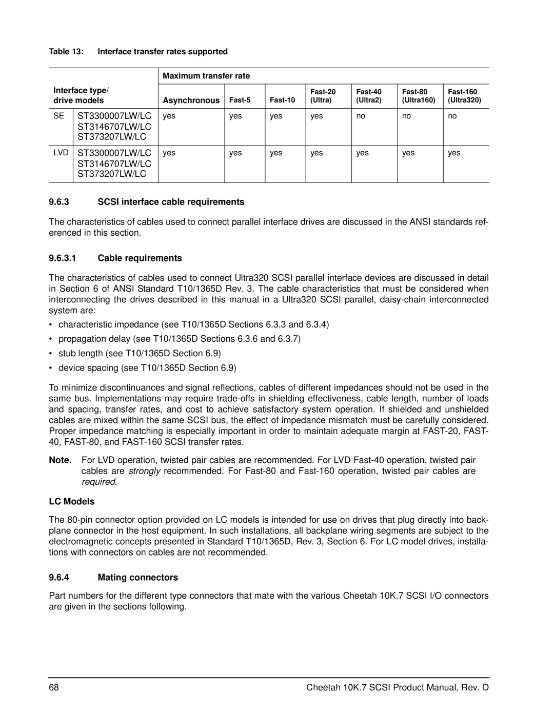 Seagate ST3146707LW/LC, ST3300007LW/LC Scsi interface cable requirements, Cable requirements, LC Models, Mating connectors 