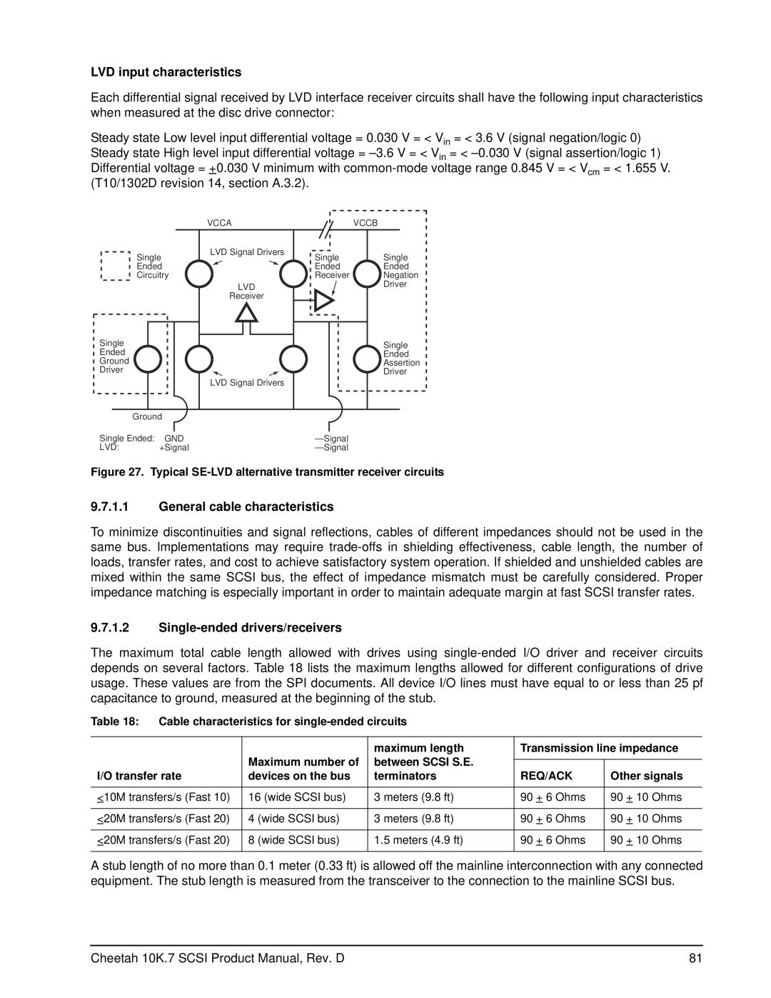 Seagate ST3300007LW/LC manual LVD input characteristics, General cable characteristics, Single-ended drivers/receivers 