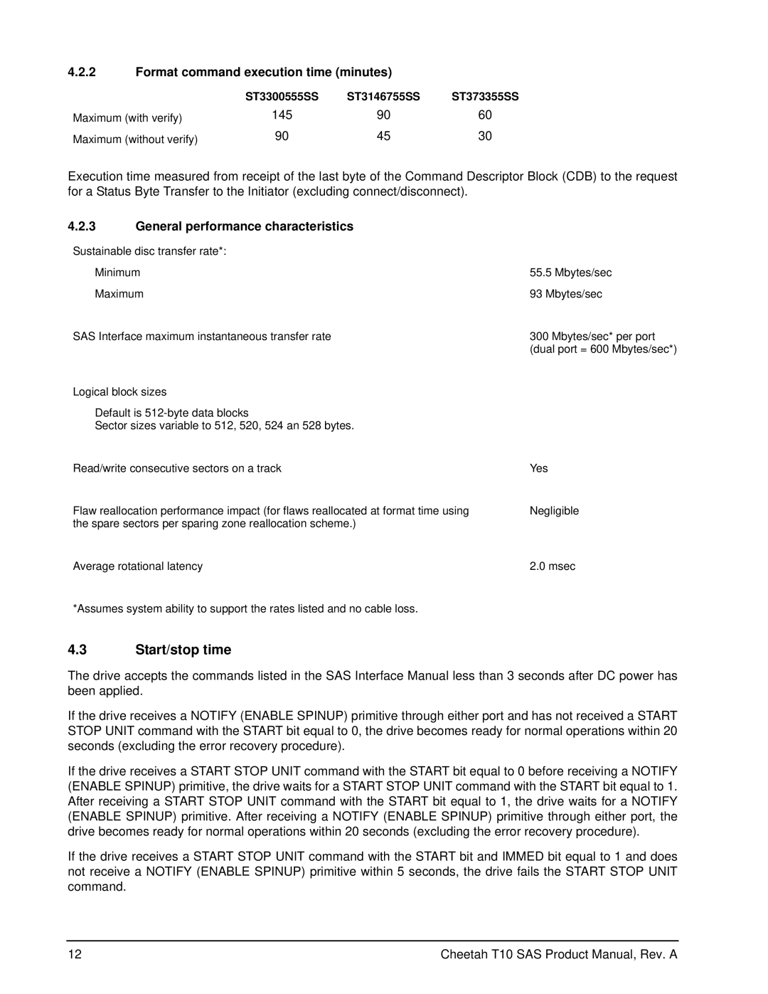 Seagate ST3146755SS manual Start/stop time, Format command execution time minutes, General performance characteristics 