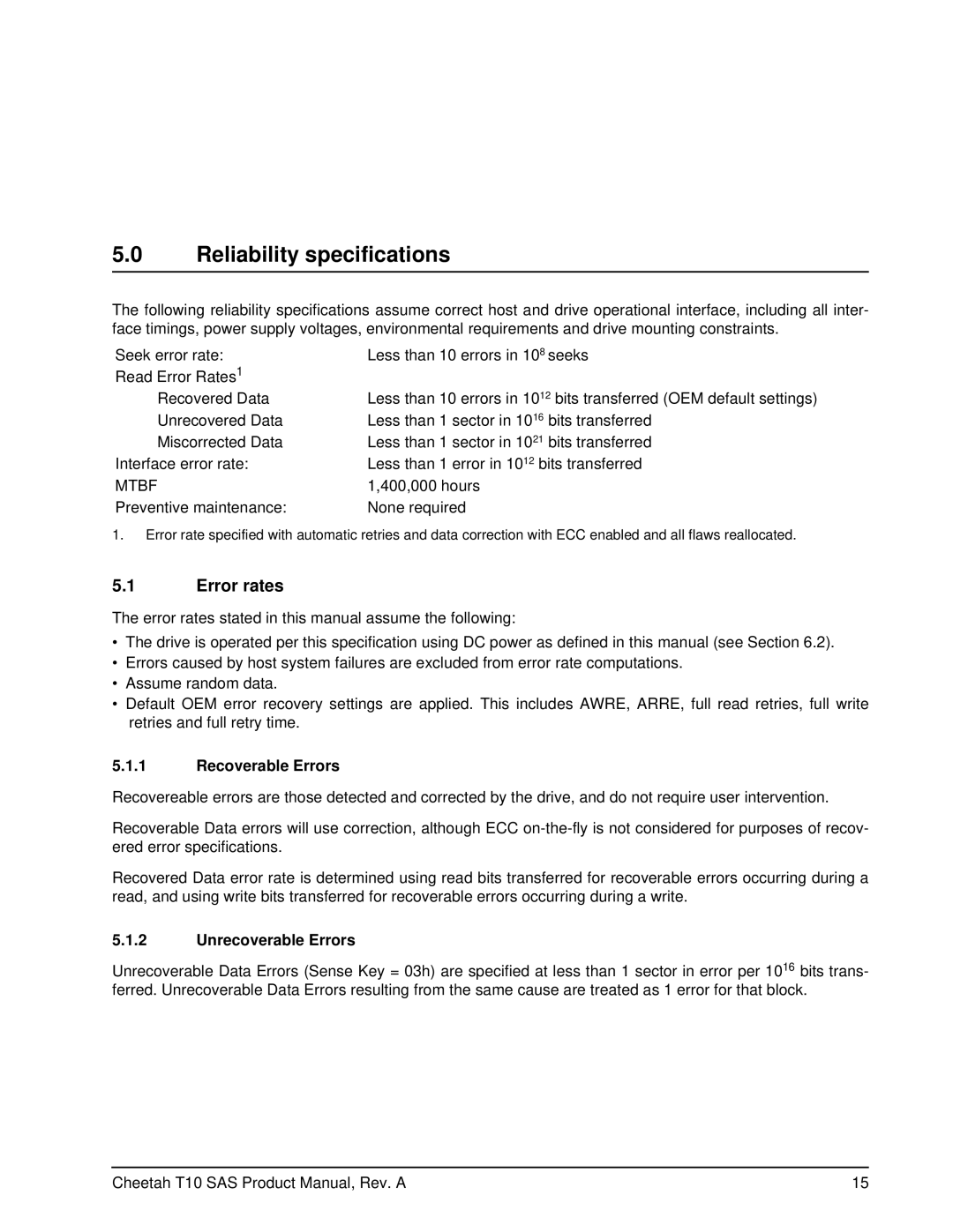 Seagate ST3146755SS, ST3300555SS manual Reliability specifications, Error rates, Recoverable Errors, Unrecoverable Errors 