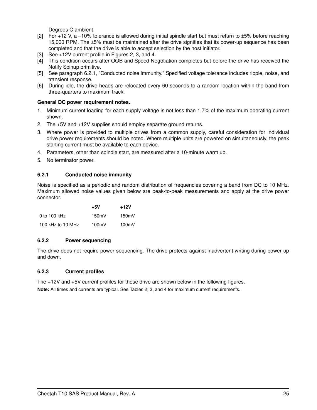 Seagate ST3300555SS manual General DC power requirement notes, Conducted noise immunity, Power sequencing, Current profiles 