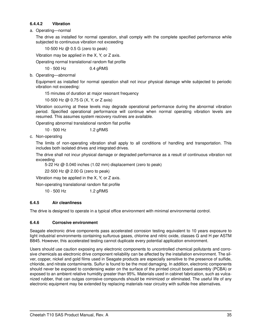 Seagate ST373355SS, ST3146755SS, ST3300555SS manual Vibration a. Operating-normal, Air cleanliness, Corrosive environment 