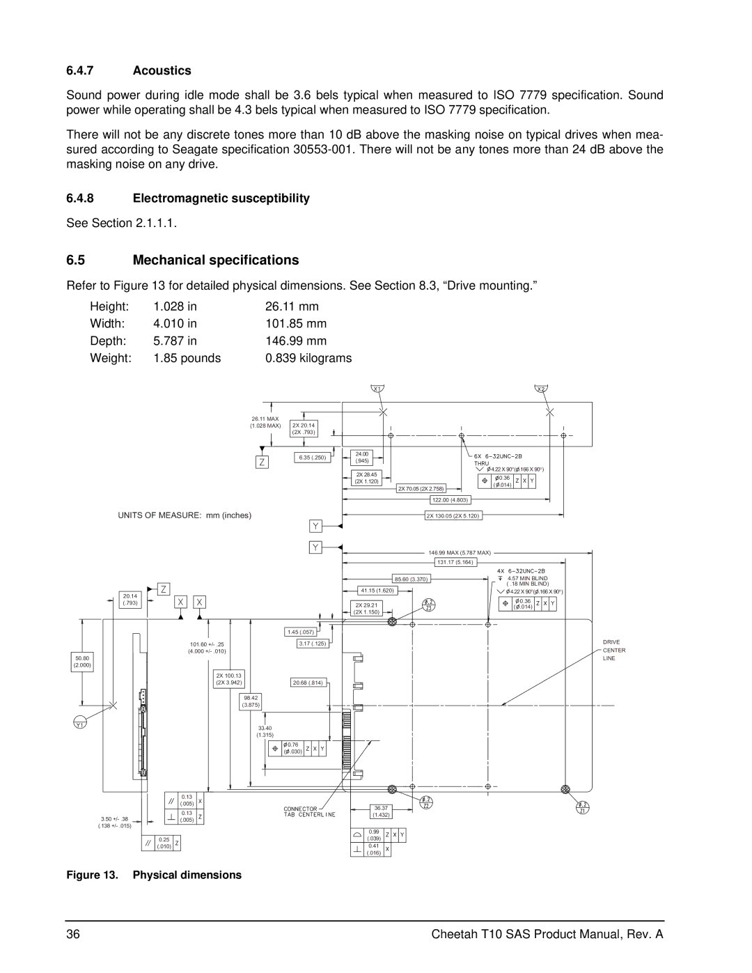 Seagate ST3146755SS, ST3300555SS, ST373355SS manual Mechanical specifications, Acoustics 