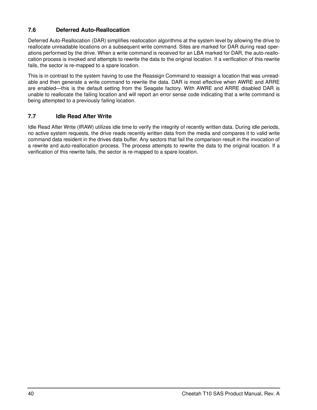 Seagate ST3300555SS, ST3146755SS, ST373355SS manual Deferred Auto-Reallocation, Idle Read After Write 