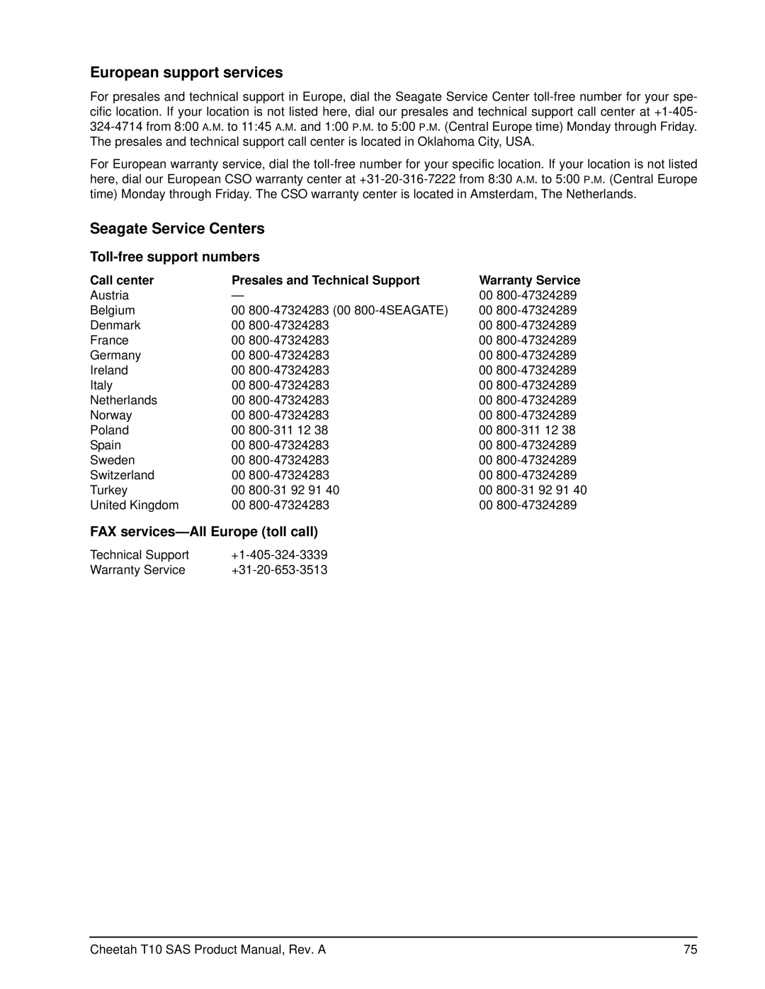 Seagate ST3146755SS, ST3300555SS, ST373355SS manual Toll-free support numbers, FAX services-All Europe toll call 