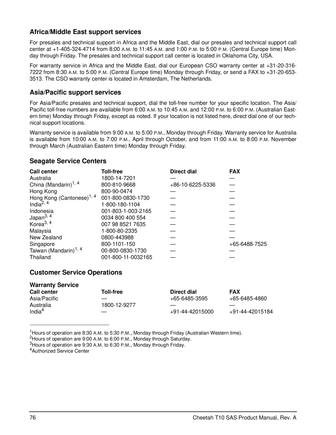 Seagate ST3300555SS, ST3146755SS, ST373355SS manual Africa/Middle East support services 