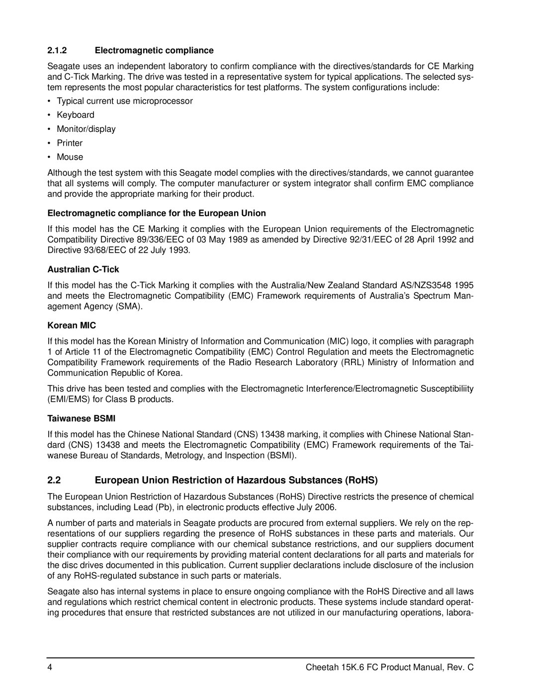 Seagate ST3300056FC (FDE), ST3146756FC (FDE), ST3450056FC (FDE) European Union Restriction of Hazardous Substances RoHS 