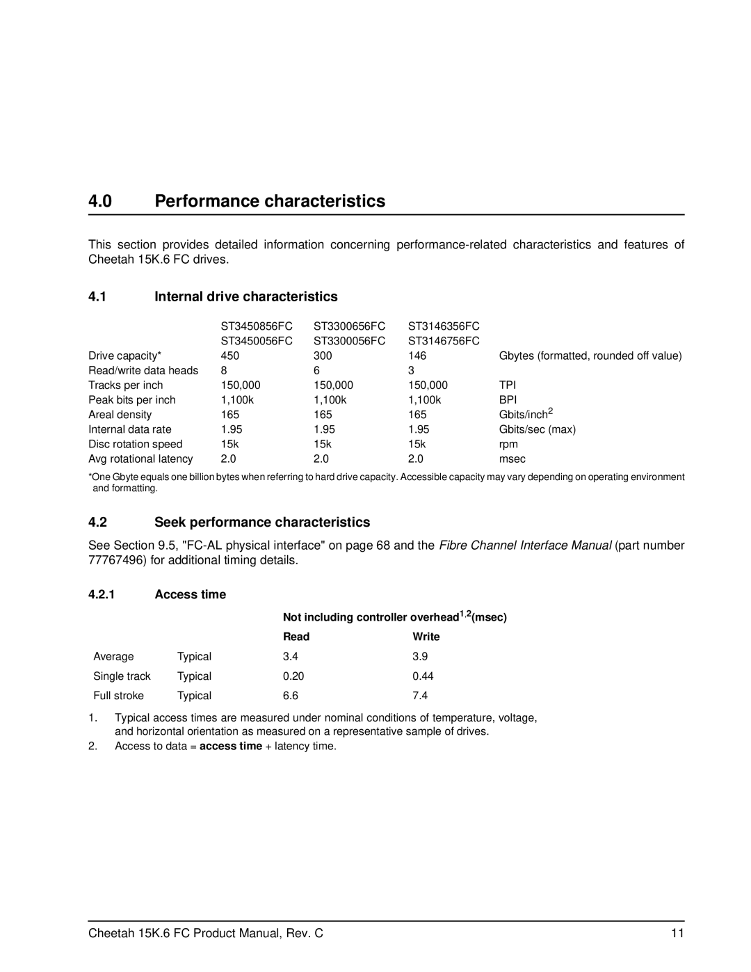 Seagate ST3450056FC (FDE) Performance characteristics, Internal drive characteristics, Seek performance characteristics 