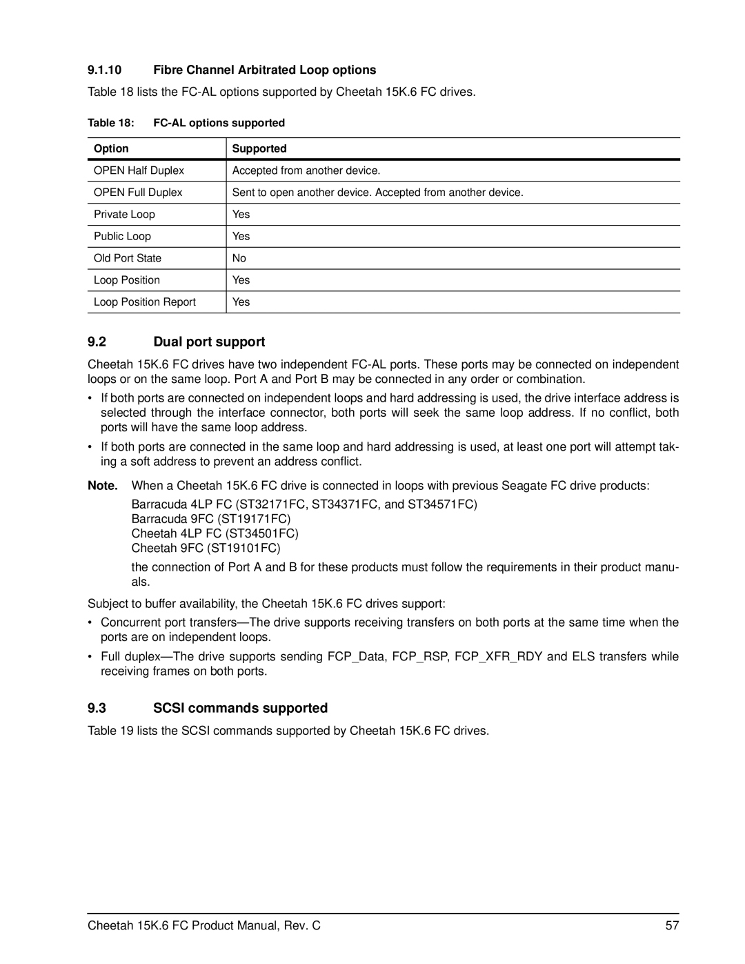 Seagate ST3146756FC (FDE) manual Dual port support, Scsi commands supported, Fibre Channel Arbitrated Loop options 