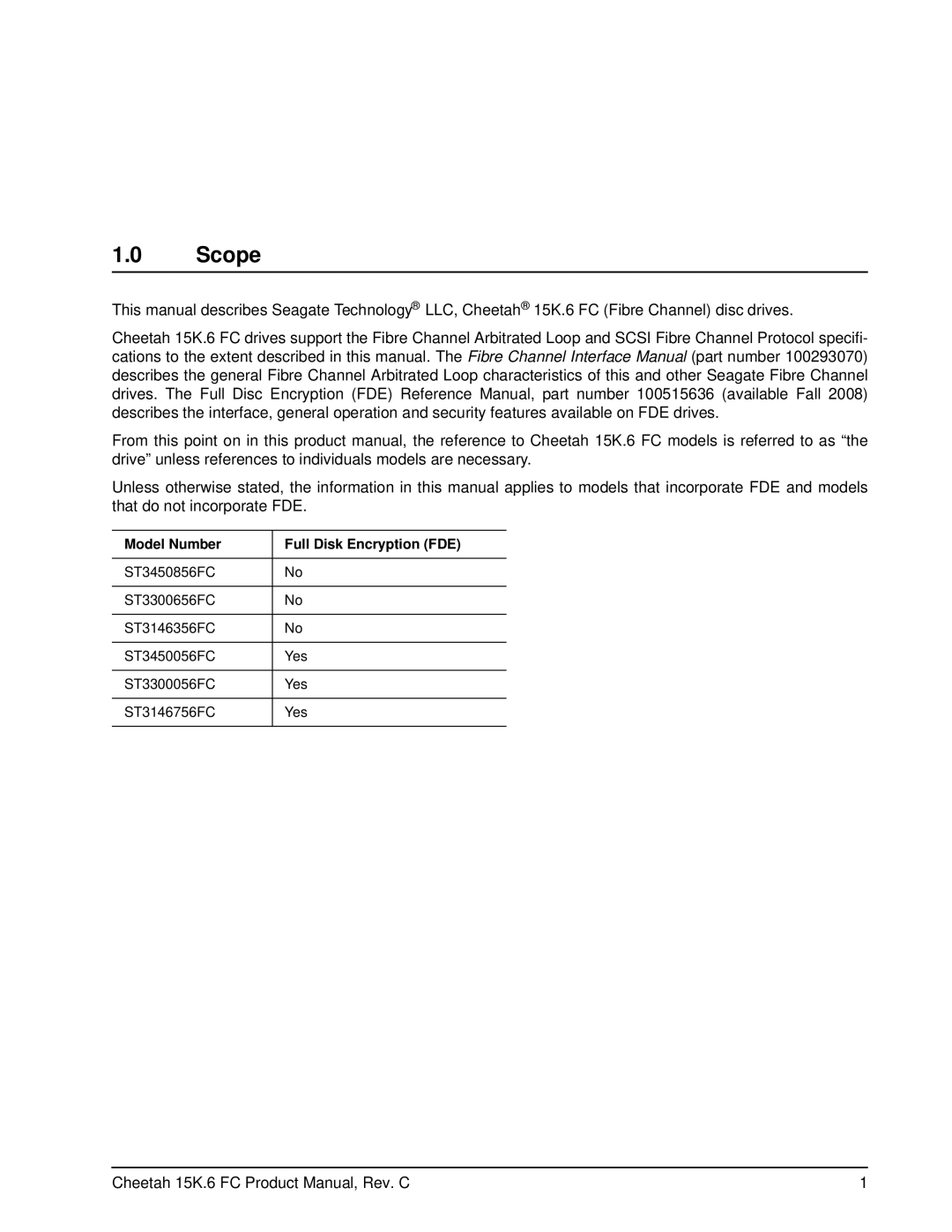 Seagate ST3300056FC (FDE), ST3146756FC (FDE), ST3450056FC (FDE) manual Scope, Model Number Full Disk Encryption FDE 