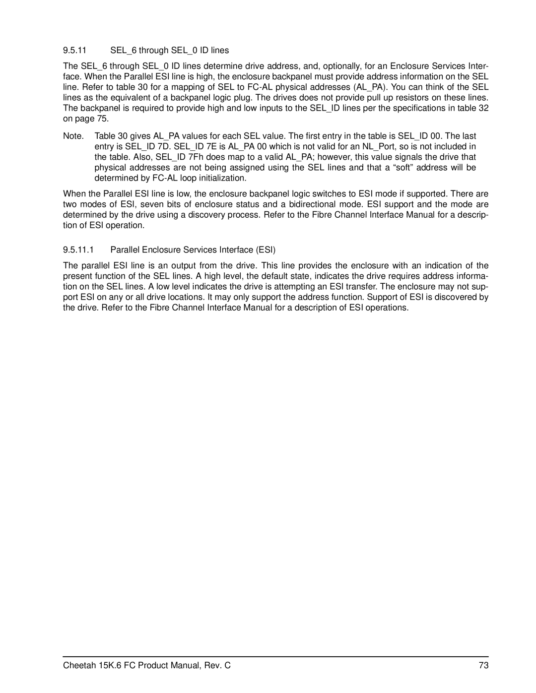 Seagate ST3300056FC (FDE), ST3146756FC (FDE) manual 11 SEL6 through SEL0 ID lines, Parallel Enclosure Services Interface ESI 