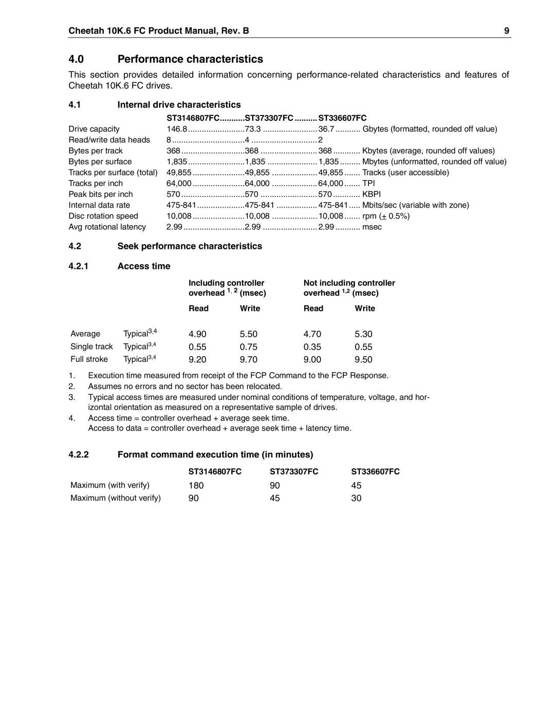 Seagate ST336607FC Performance characteristics, Internal drive characteristics, Format command execution time in minutes 