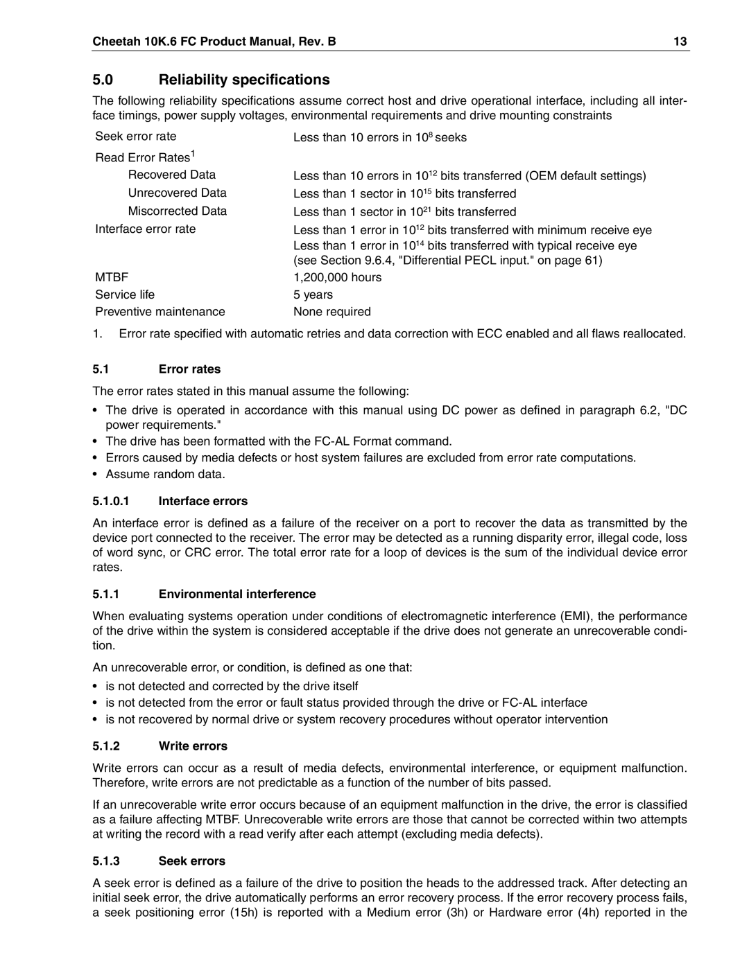 Seagate ST373307FC, ST3146807FC, ST336607FC manual Reliability specifications 