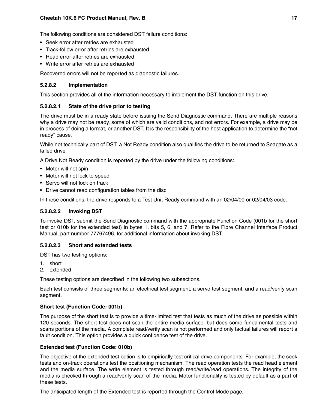 Seagate ST3146807FC manual Implementation, State of the drive prior to testing, Invoking DST, Short and extended tests 