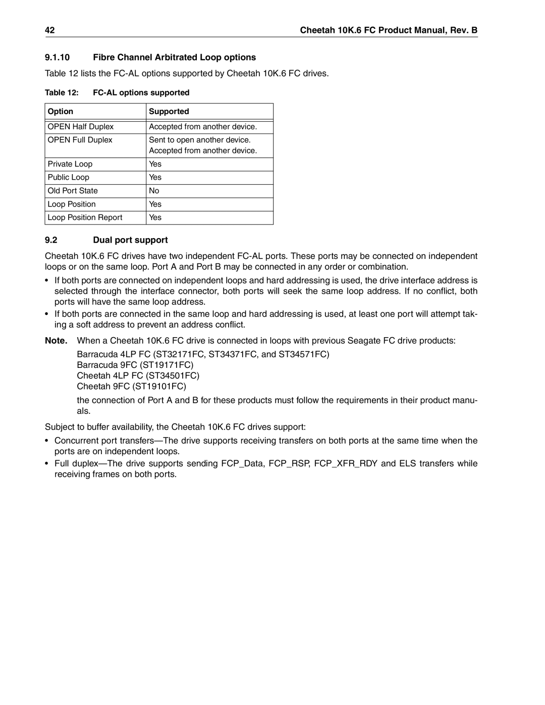 Seagate ST336607FC Fibre Channel Arbitrated Loop options, Dual port support, FC-AL options supported, Option Supported 