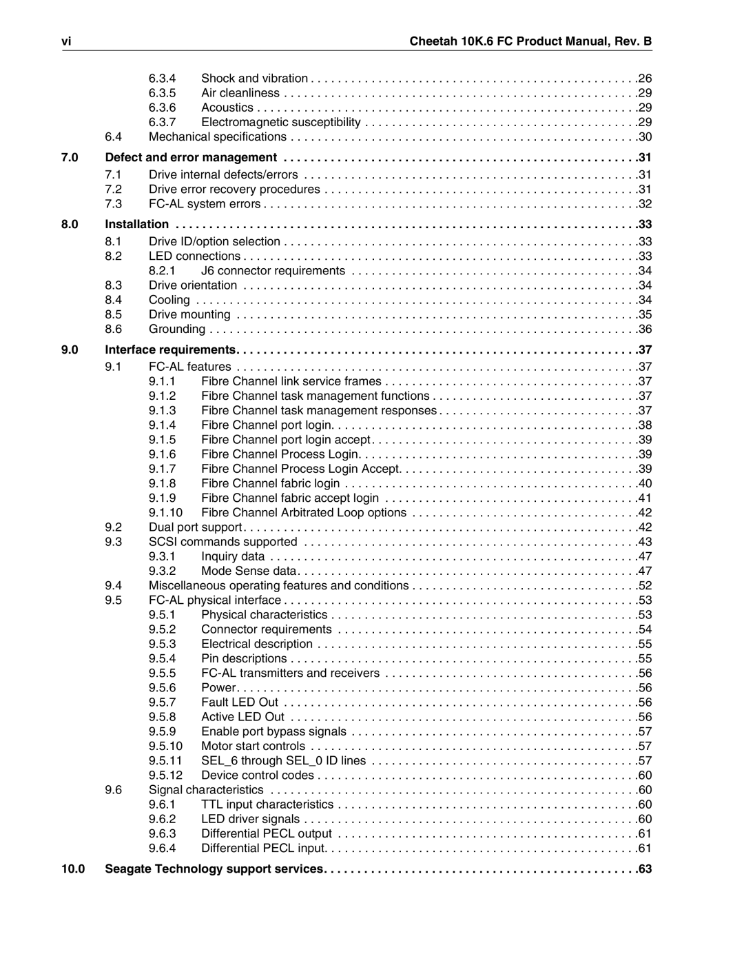 Seagate ST373307FC Defect and error management, Installation, Interface requirements, Seagate Technology support services 