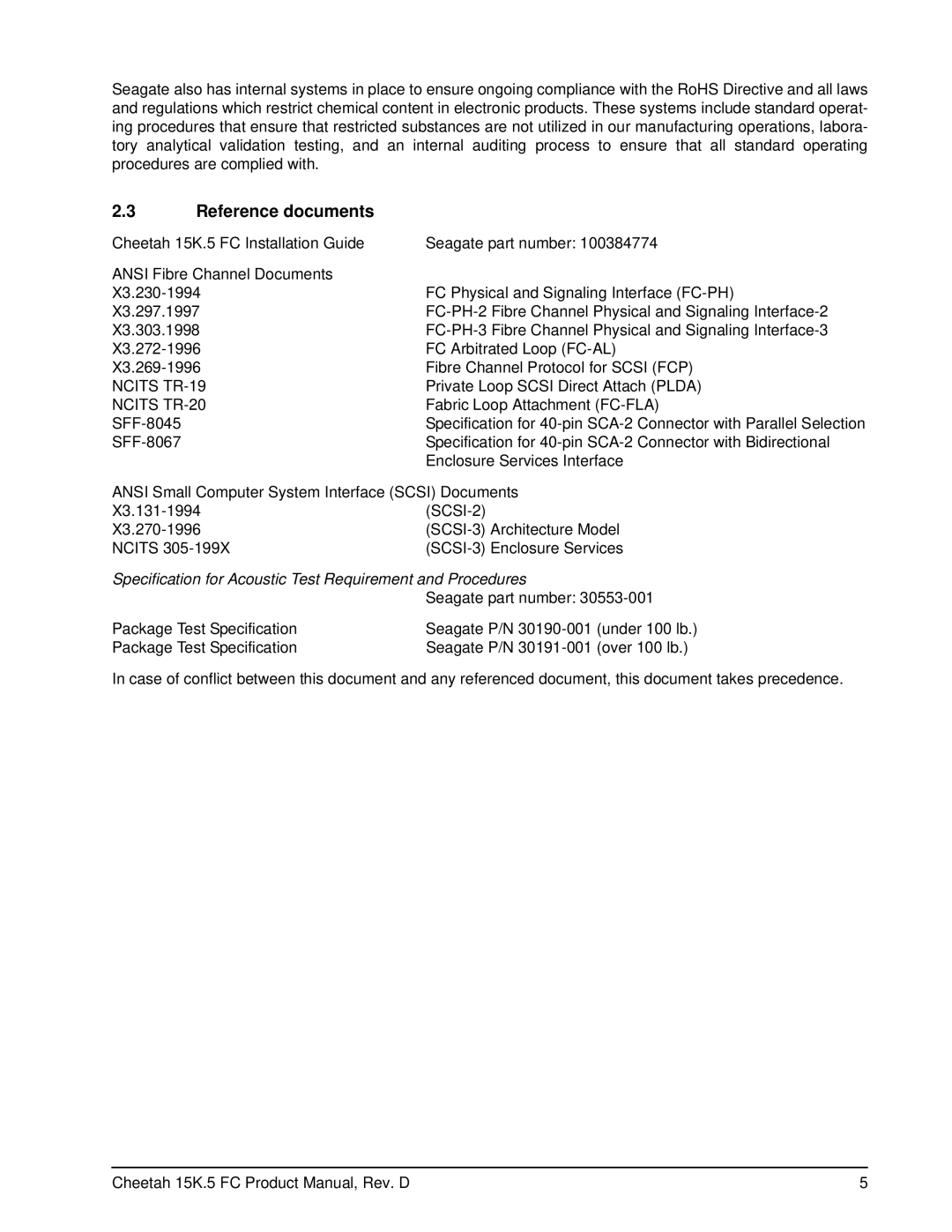 Seagate ST3146855FC, ST3300655FC, ST373455FC manual Reference documents, Ncits TR-20 