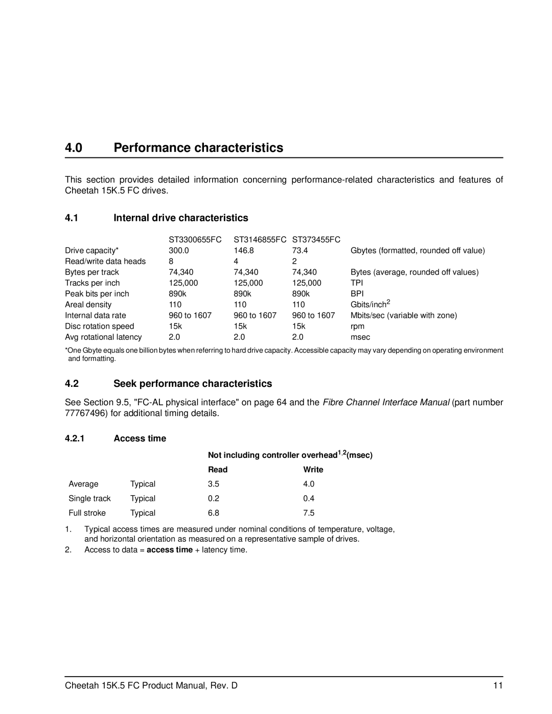 Seagate ST3146855FC manual Performance characteristics, Internal drive characteristics, Seek performance characteristics 