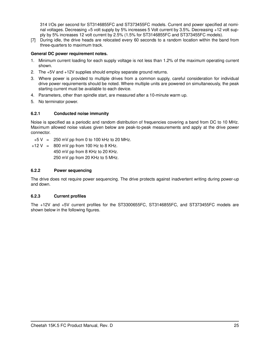 Seagate ST373455FC manual General DC power requirement notes, Conducted noise immunity, Power sequencing, Current profiles 