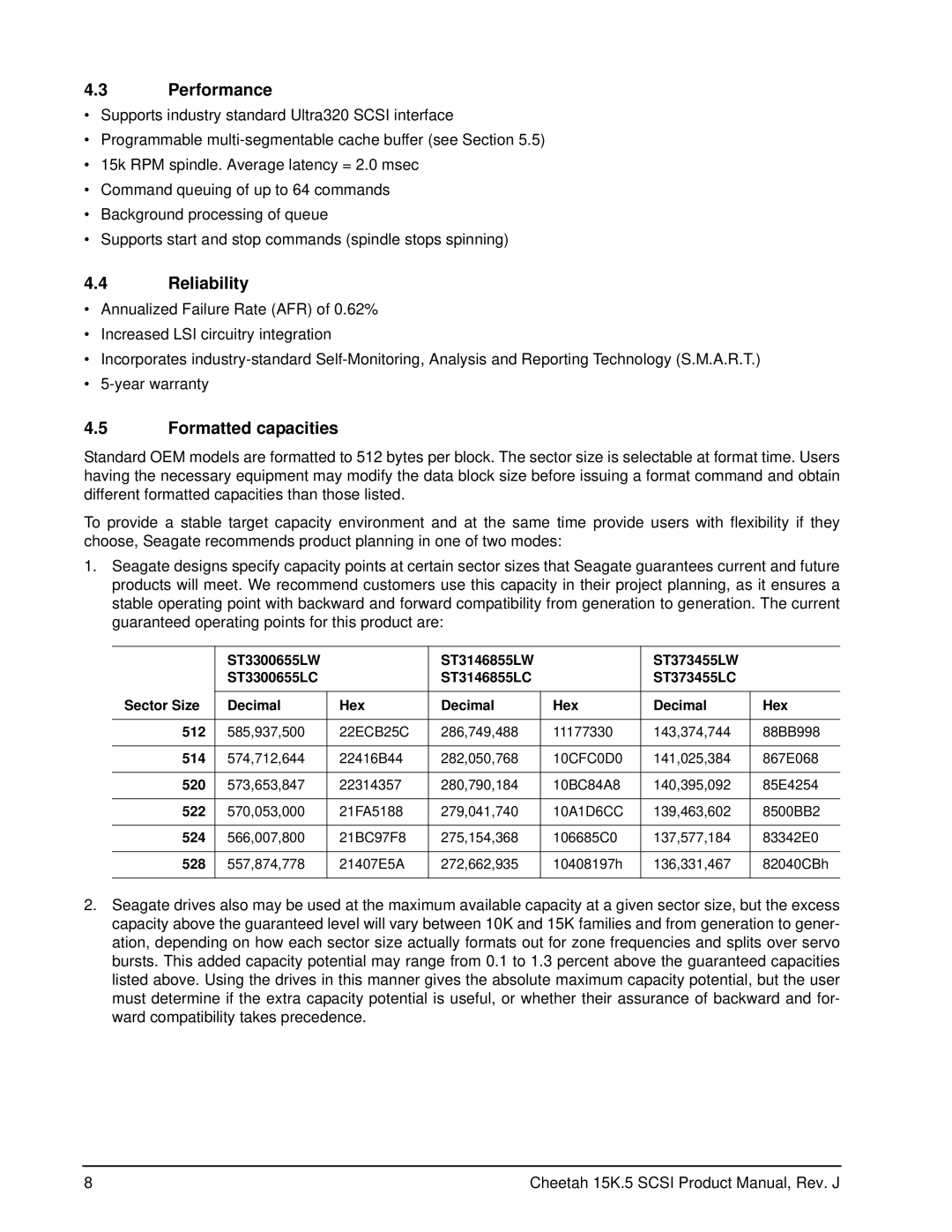 Seagate ST3146855LC, ST3146855LW, ST3300655LW, ST3300655LC, ST373455LC manual Performance, Reliability, Formatted capacities 