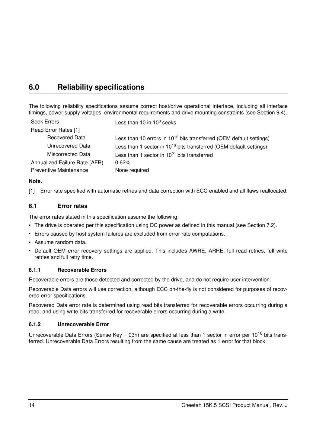 Seagate ST373207LW, ST3146855LC manual Reliability specifications, Error rates, Recoverable Errors, Unrecoverable Error 