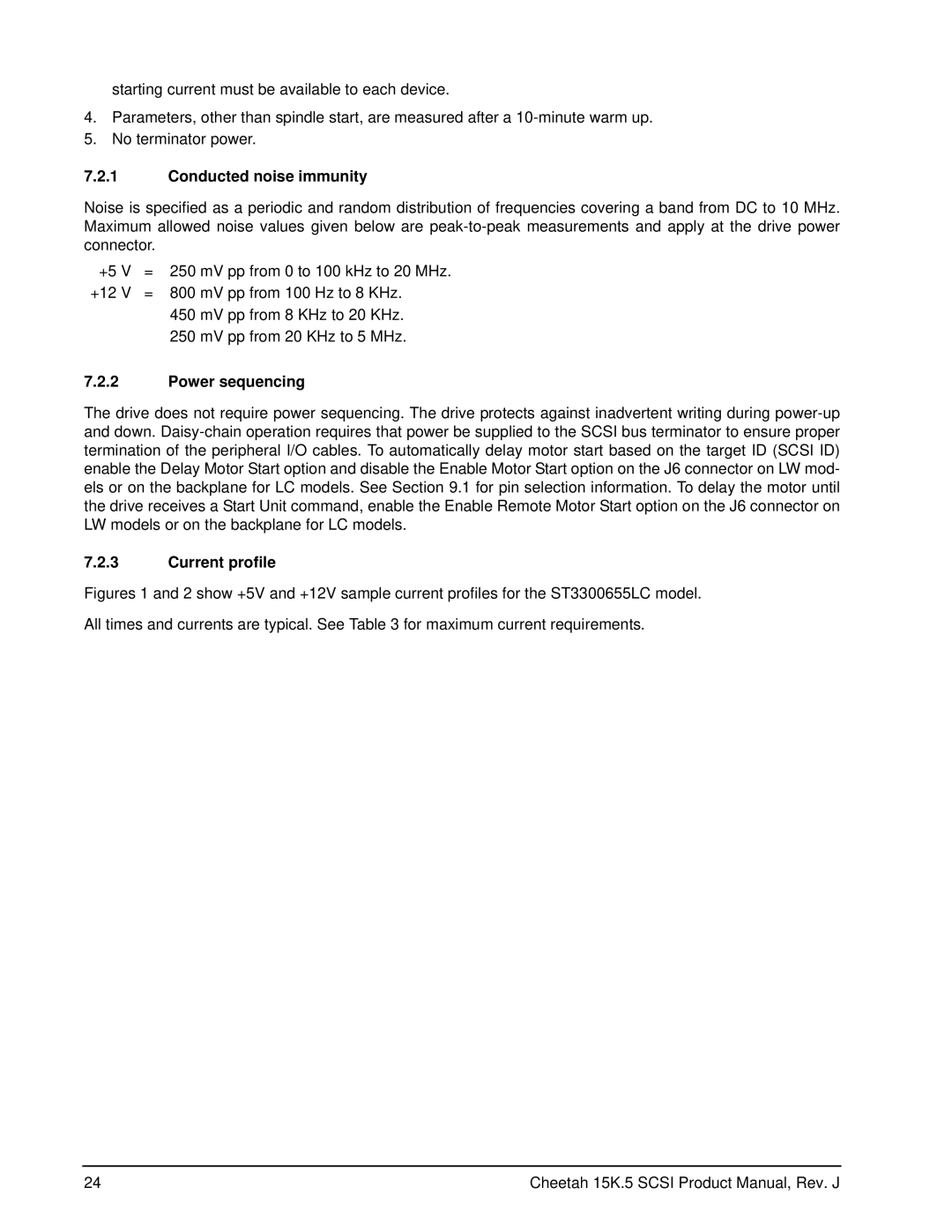 Seagate ST3300655LW, ST3146855LC, ST3146855LW, ST3300655LC manual Conducted noise immunity, Power sequencing, Current profile 