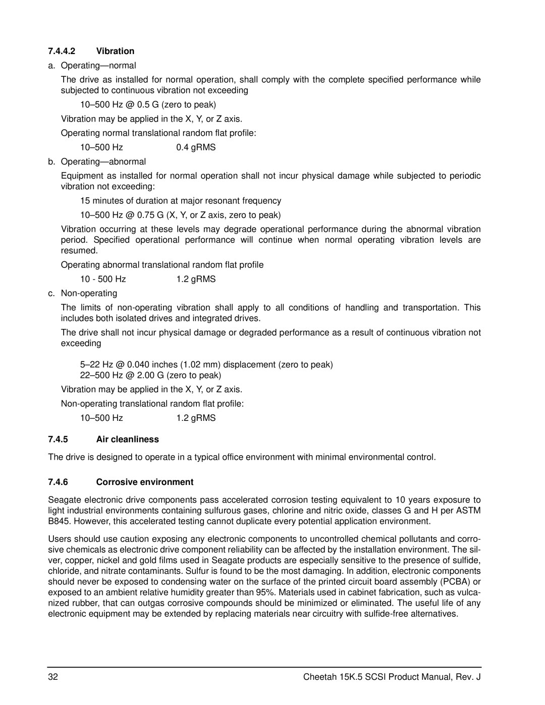 Seagate ST3300655LC, ST3146855LC, ST3146855LW manual Vibration a. Operating-normal, Air cleanliness, Corrosive environment 