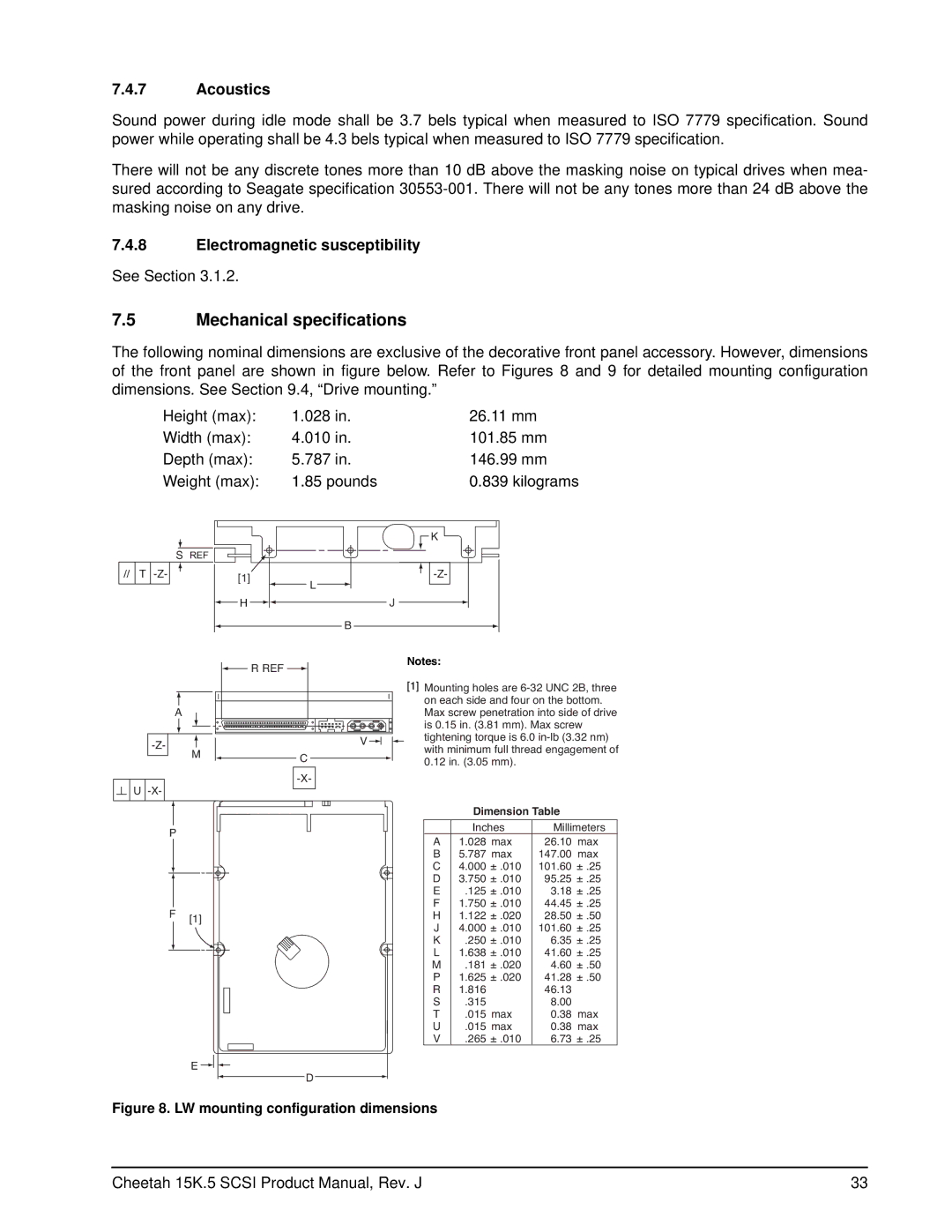 Seagate ST373455LC, ST3146855LC, ST3146855LW, ST3300655LW, ST3300655LC, ST373455LW manual Mechanical specifications, Acoustics 