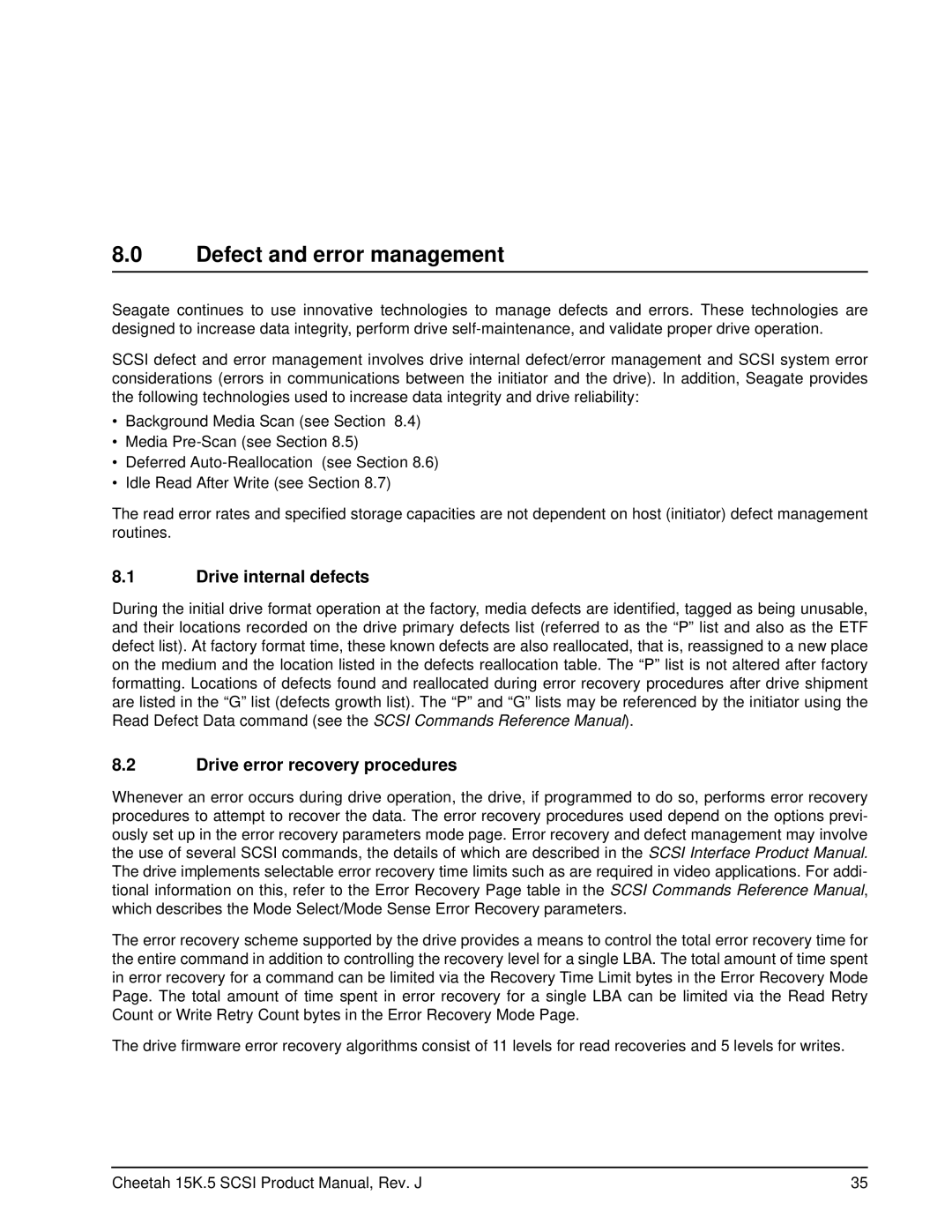 Seagate ST373207LW, ST3146855LC manual Defect and error management, Drive internal defects, Drive error recovery procedures 