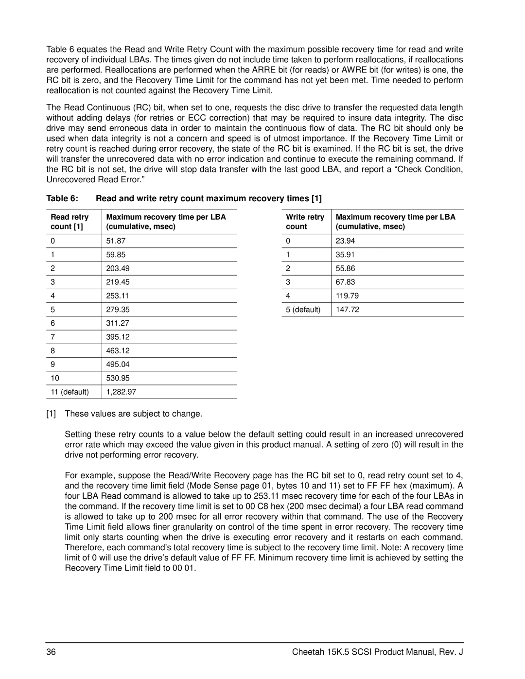 Seagate ST3146855LC, ST3146855LW, ST3300655LW, ST3300655LC, ST373455LC manual Read and write retry count maximum recovery times 