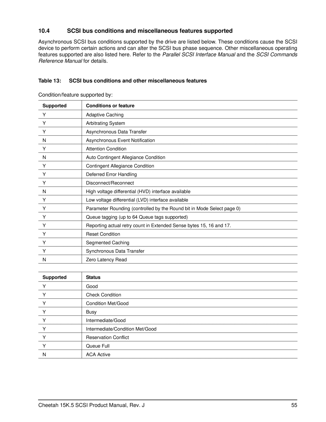 Seagate ST373455LW, ST3146855LC, ST3146855LW, ST3300655LW manual Scsi bus conditions and miscellaneous features supported 