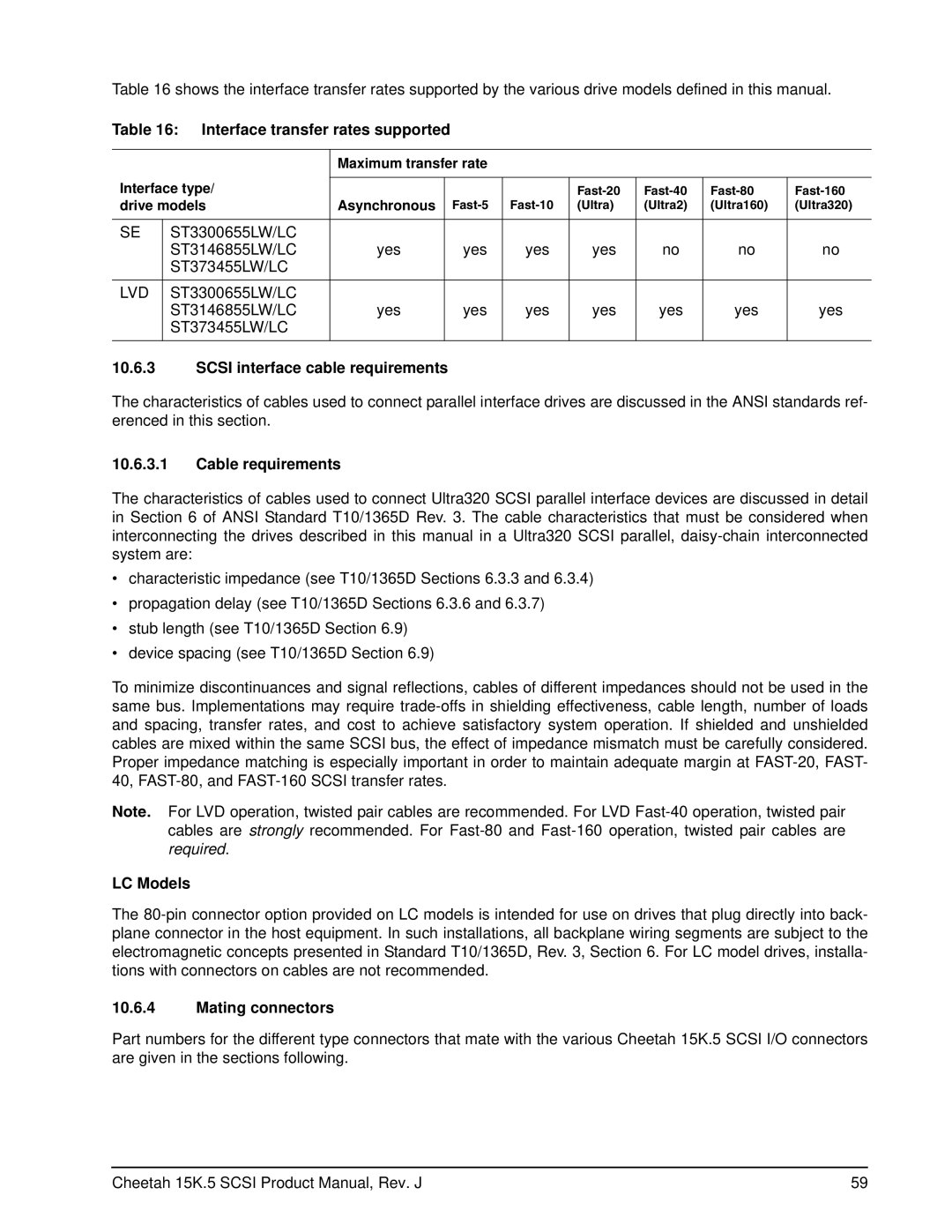 Seagate ST3300655LW Interface transfer rates supported, Scsi interface cable requirements, Cable requirements, LC Models 