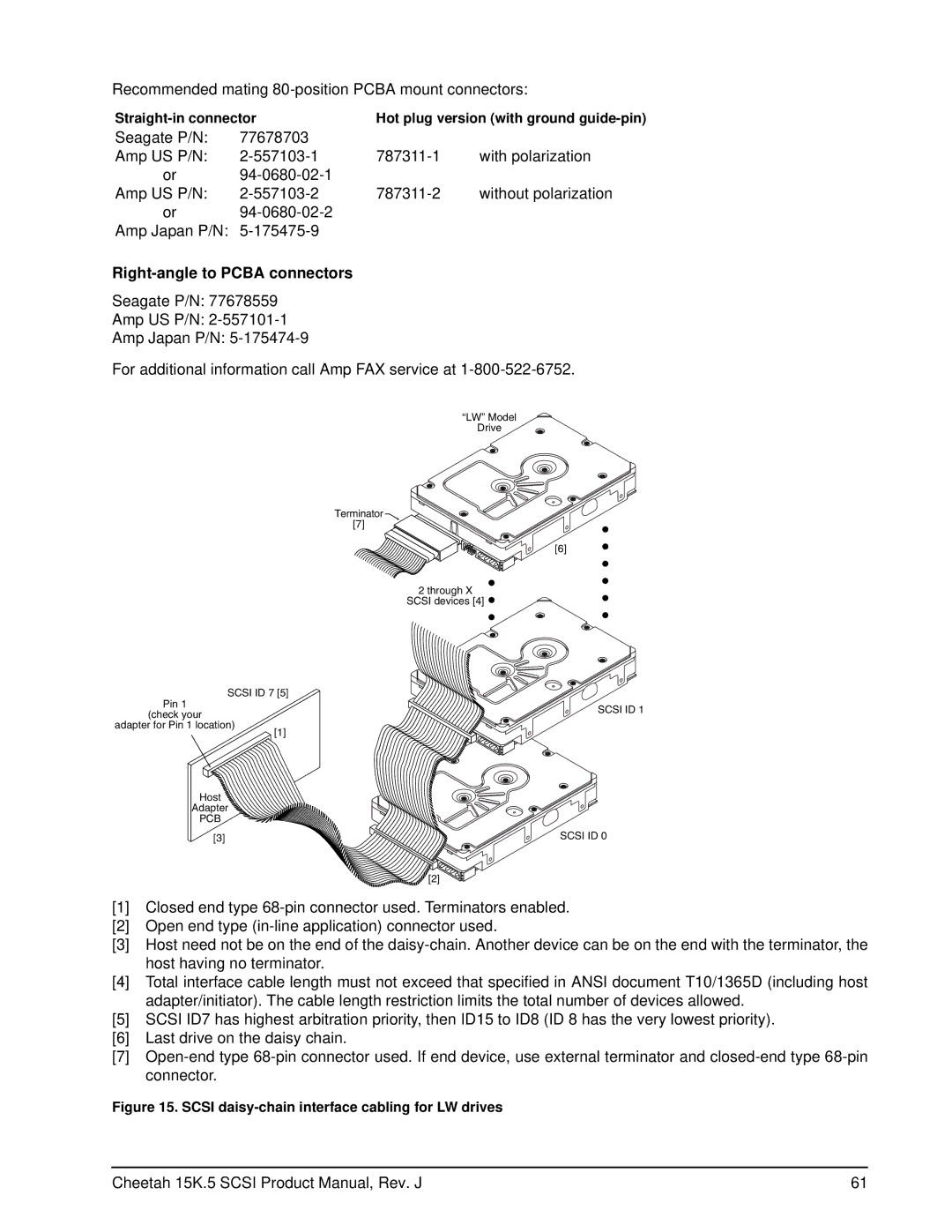 Seagate ST373455LC, ST3146855LC manual Right-angle to Pcba connectors, Scsi daisy-chain interface cabling for LW drives 