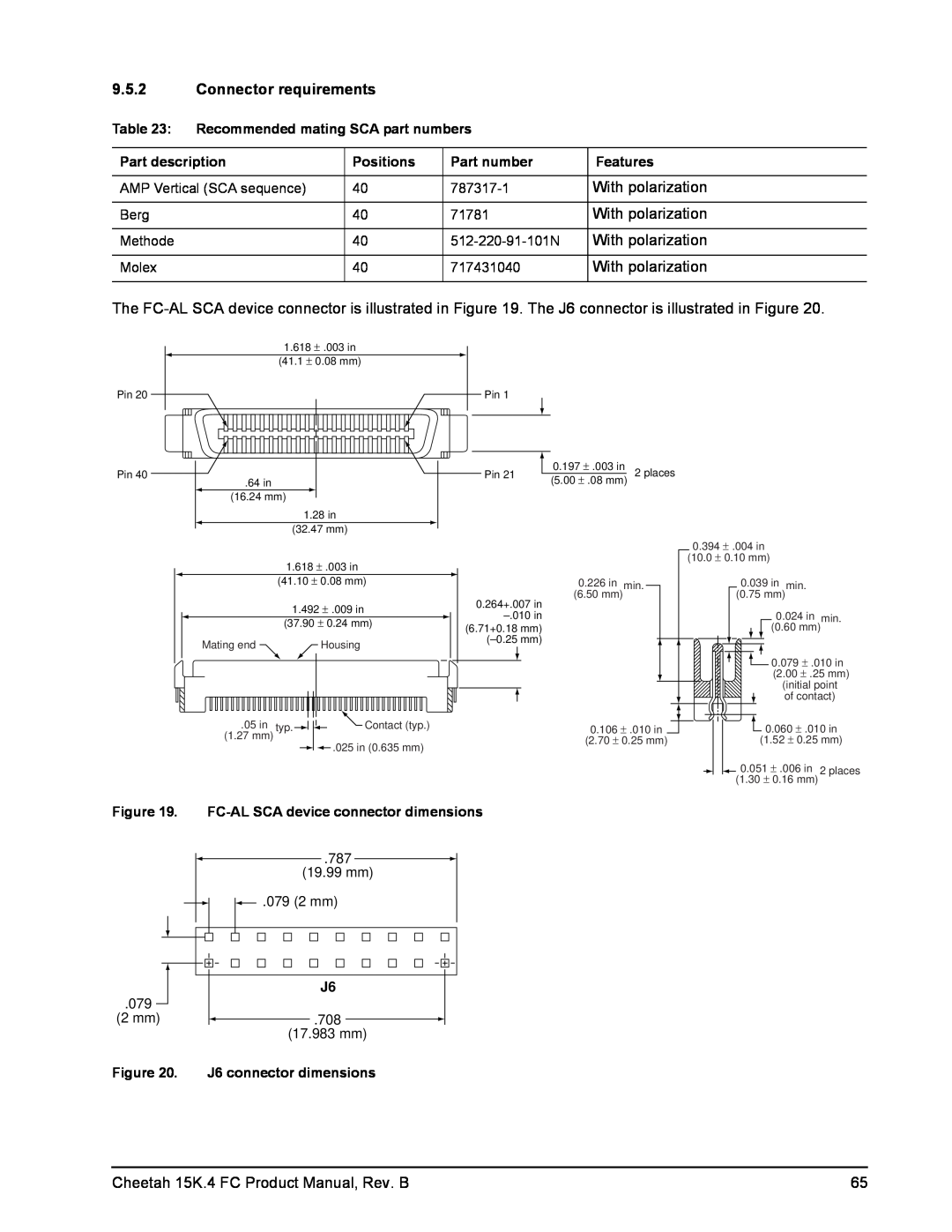 Seagate ST336854FC Connector requirements, Recommended mating SCA part numbers, Part description, Positions, Part number 