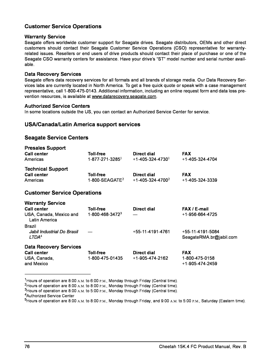 Seagate ST373554FC manual Customer Service Operations, USA/Canada/Latin America support services Seagate Service Centers 