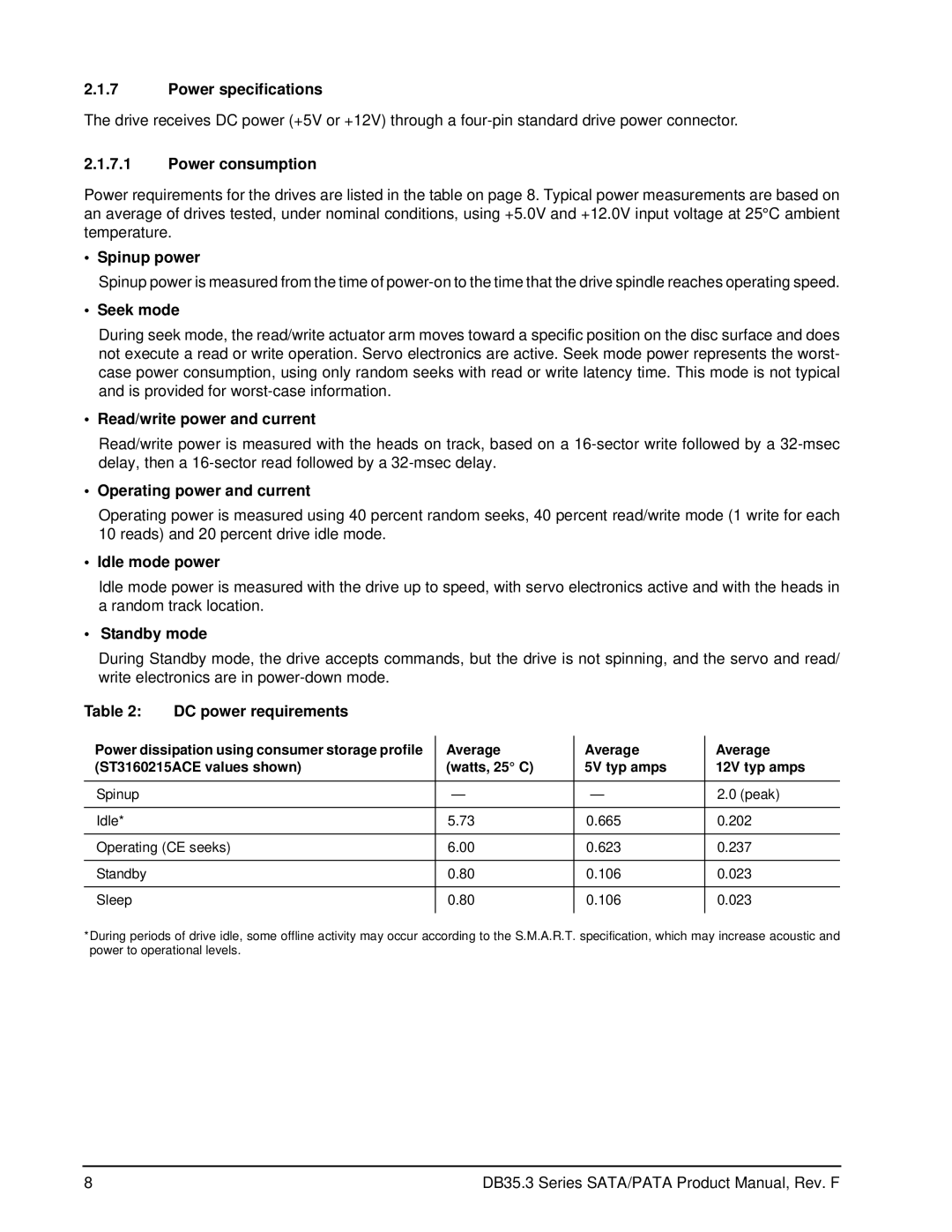 Seagate ST380215ACE manual Power specifications, Power consumption, Spinup power, Seek mode, Read/write power and current 
