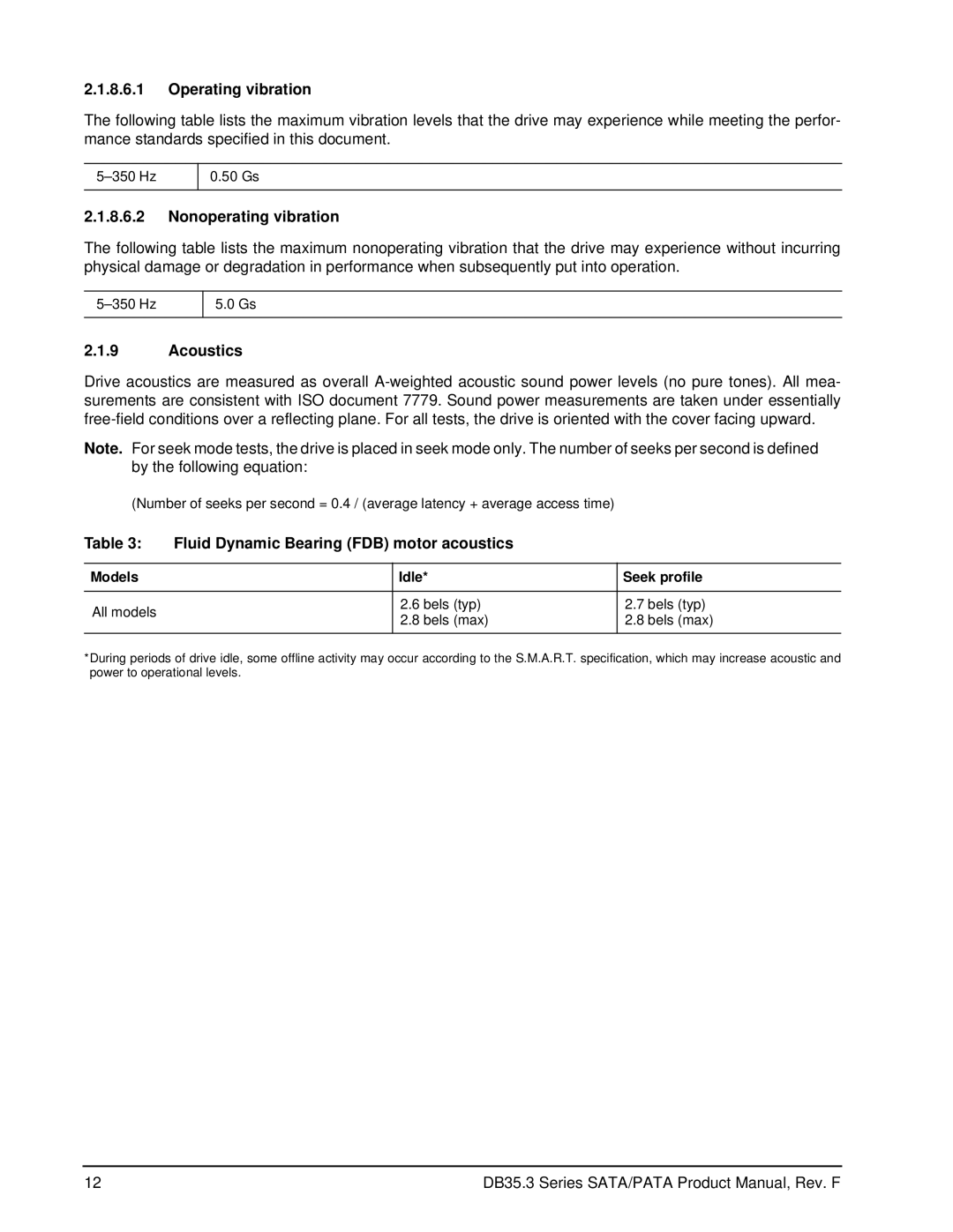 Seagate ST380215ACE Operating vibration, Nonoperating vibration, Acoustics, Fluid Dynamic Bearing FDB motor acoustics 