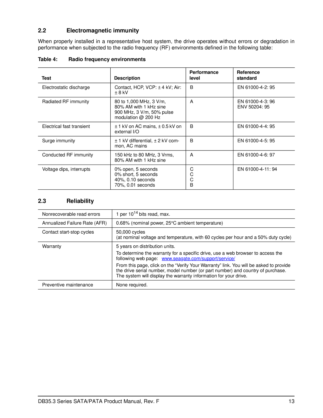 Seagate ST380215SCE, ST3160215SCE, ST3160215ACE manual Electromagnetic immunity, Reliability, Radio frequency environments 