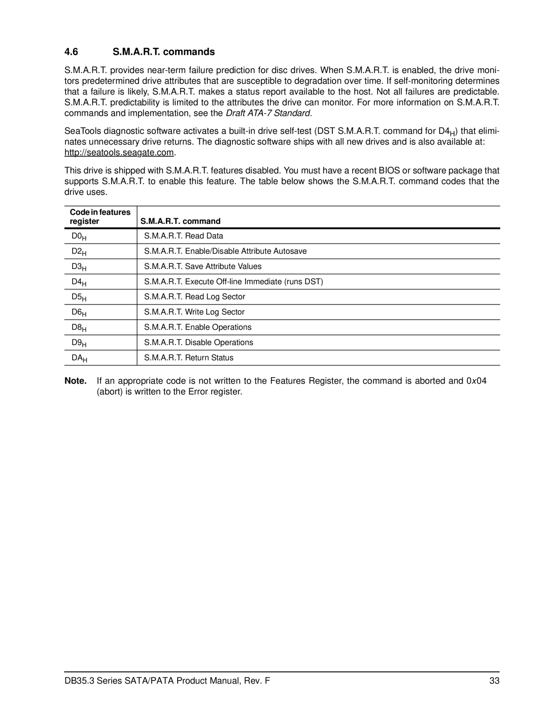 Seagate ST380215SCE, ST3160215SCE, ST3160215ACE, ST380215ACE S.M.A.R.T. commands, Code in features Register A.R.T. command 