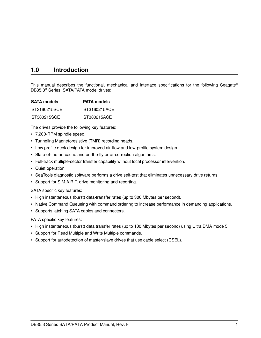 Seagate ST380215SCE, ST3160215SCE, ST3160215ACE, ST380215ACE manual Introduction, Sata models, Pata models 
