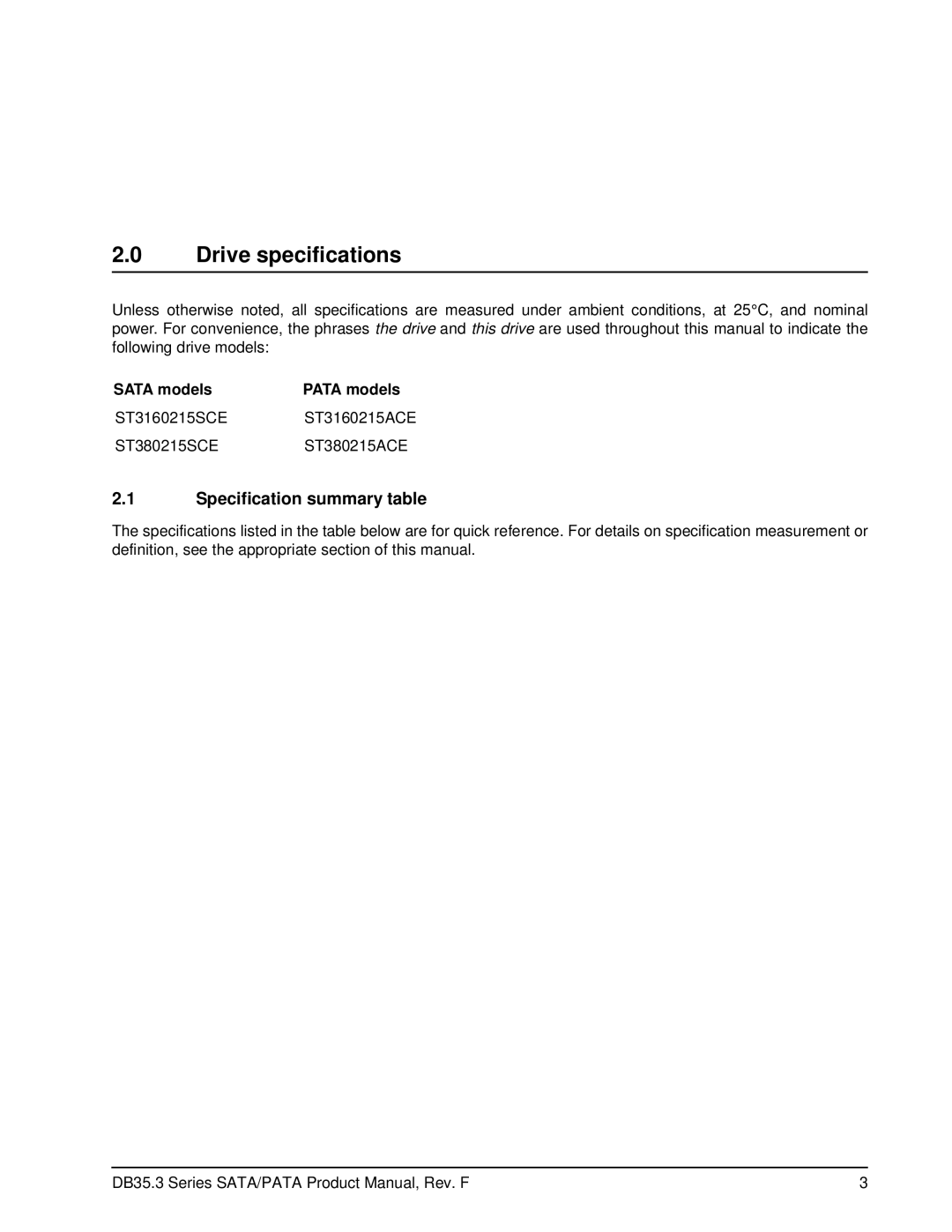 Seagate ST3160215ACE, ST3160215SCE, ST380215ACE, ST380215SCE manual Drive specifications, Specification summary table 