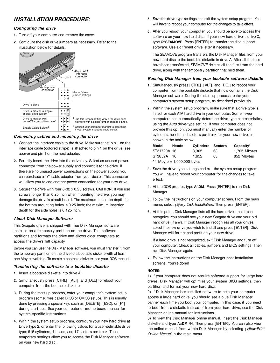 Seagate ST31720A, ST3852A Configuring the drive, Connecting cables and mounting the drive, About Disk Manager Software 