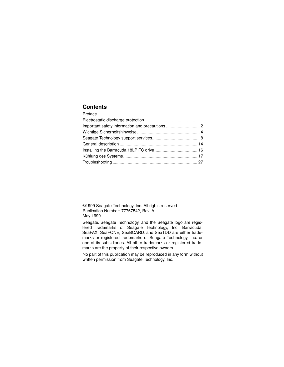 Seagate ST318275FC, ST39175FC manual Contents 