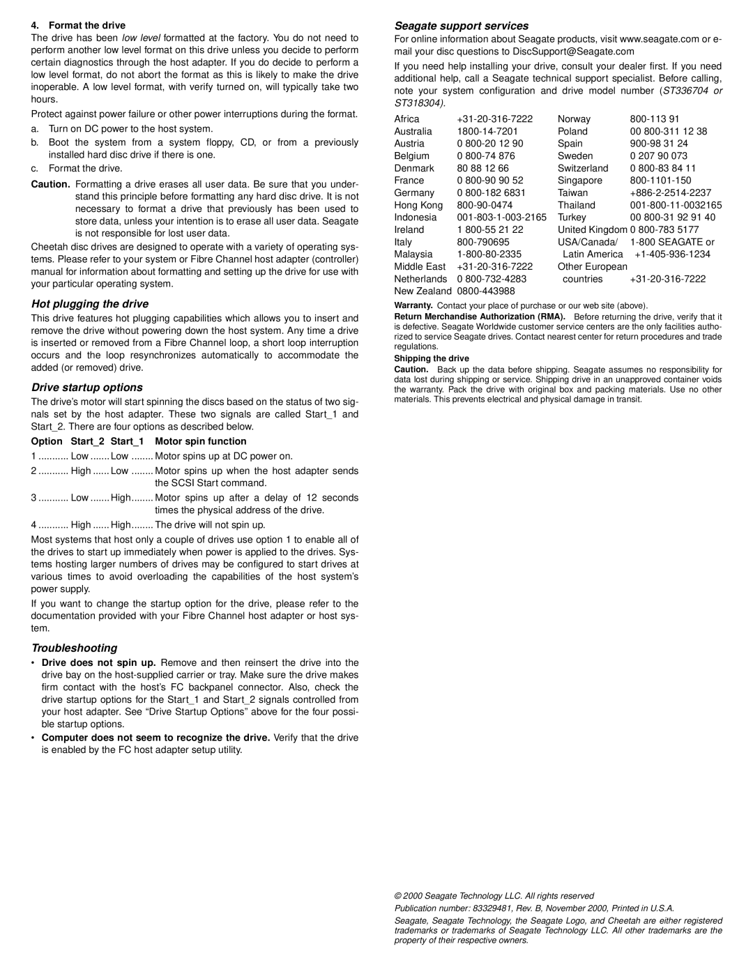 Seagate ST318304FC/FCV Hot plugging the drive, Drive startup options, Troubleshooting, Seagate support services 